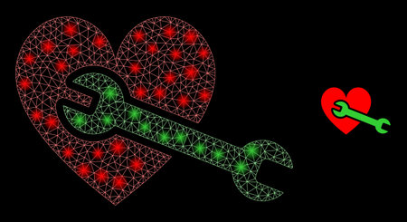 Glossy polygonal mesh net heart repair wrench icon with glare effect on a black background. Network heart repair wrench iconic vector with flash spheres in stardust colors.のイラスト素材