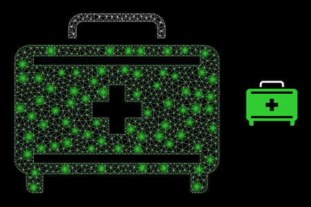 Glossy polygonal mesh net first aid case icon with glare effect on a black background. Wire frame first aid case iconic vector with shiny spheres in stardust colors.のイラスト素材