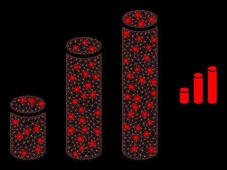 Glossy polygonal mesh net cylinder chart icon with glare effect on a black background. Network cylinder chart iconic vector with flash points in magic colors.のイラスト素材