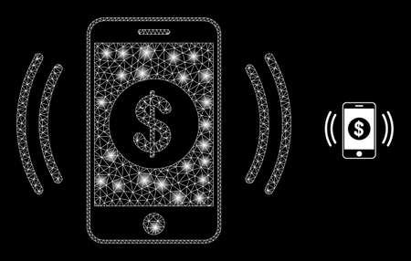 Glossy polygonal mesh web financial smartphone vibration icon with glitter effect on a black background. Wire frame financial smartphone vibration iconic vector with glowing dots in magic colors.のイラスト素材
