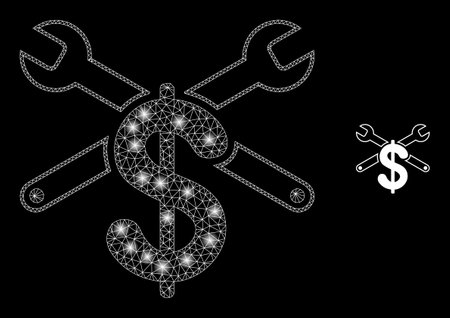 Glossy polygonal mesh net repair price icon with glitter effect on a black background. Carcass repair price iconic vector with glowing points in bright colors.のイラスト素材