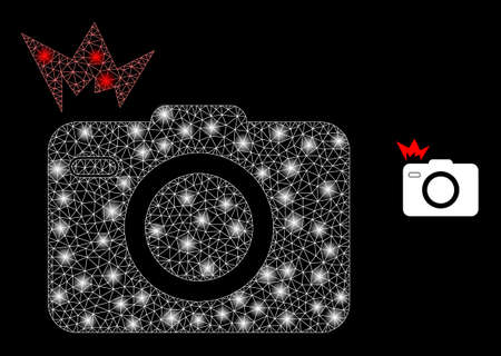 Glossy polygonal mesh net photo flash icon with glitter effect on a black background. Constellation photo flash iconic vector with shiny dots in bright colors.のイラスト素材