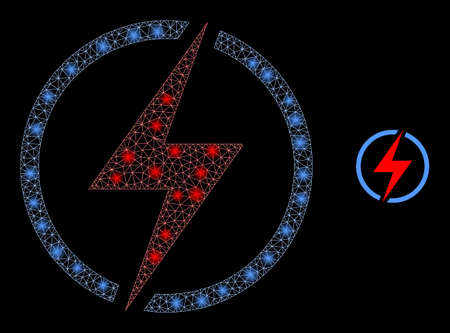 Glossy polygonal mesh web electricity icon with glitter effect on a black background. Network electricity iconic vector with glitter points in magic colors.のイラスト素材