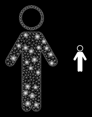 Glossy polygonal mesh net person icon with glitter effect on a black background. Carcass person iconic vector with illuminated spheres in magic colors.のイラスト素材