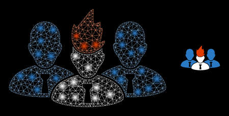 Glossy polygonal mesh net flamed team leader icon with glare effect on a black background. Carcass flamed team leader iconic vector with flash spheres in bright colors.のイラスト素材