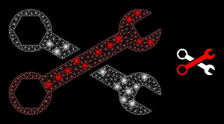 Glossy polygonal mesh web wrenches icon with glitter effect on a black background. Constellation wrenches iconic vector with flash spheres in stardust colors.のイラスト素材