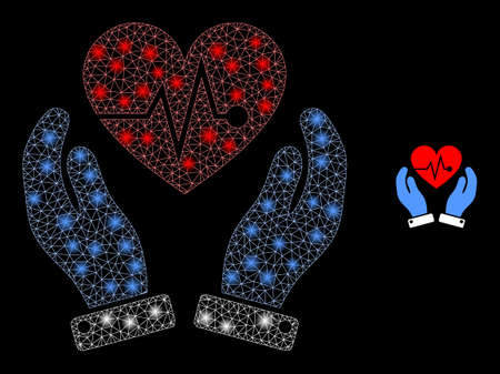Glossy polygonal mesh web heart surgery care hands icon with glow effect on a black background. Network heart surgery care hands iconic vector with glamour dots in magic colors.のイラスト素材