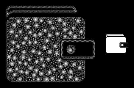 Glossy polygonal mesh net purse icon with glitter effect on a black background. Network purse iconic vector with glitter points in majestic colors. Abstraction 2d mesh is created from polygonal grid,のイラスト素材