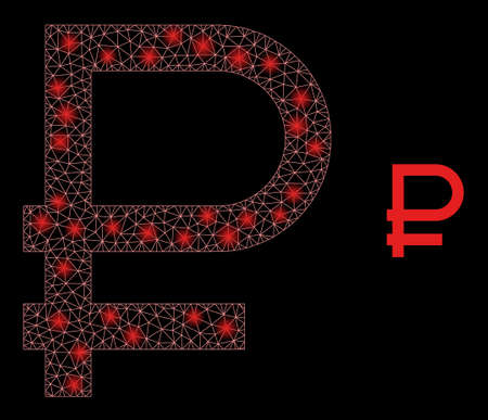 Glossy polygonal mesh net rouble symbol icon with glow effect on a black background. Wire frame rouble symbol iconic vector with glowing spheres in bright colors.のイラスト素材