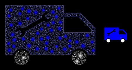 Glossy polygonal mesh web service van icon with glitter effect on a black background. Wire frame service van iconic vector with flash points in stardust colors.のイラスト素材