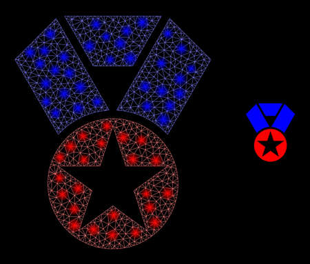Glossy polygonal mesh net star award icon with glare effect on a black background. Network star award iconic vector with glowing points in majestic colors.のイラスト素材