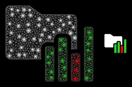 Glossy polygonal mesh net charts folder icon with glow effect on a black background. Constellation charts folder iconic vector with illuminated points in vibrant colors.のイラスト素材