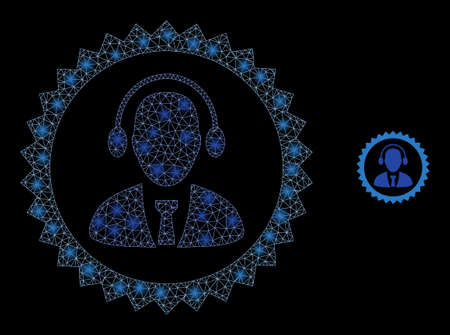 Glossy polygonal mesh net call center stamp icon with glare effect on a black background. Wire frame call center stamp iconic vector with glitter spheres in stardust colors.のイラスト素材
