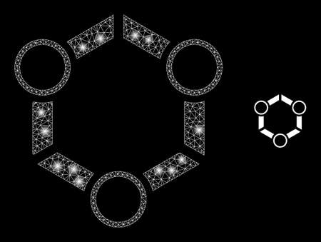 Glossy polygonal mesh web cooperation icon with glare effect on a black background. Carcass cooperation iconic vector with glamour dots in magic colors. Abstract 2d mesh is designed with triangles,のイラスト素材