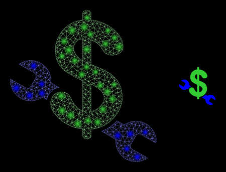 Glossy polygonal mesh net repair price icon with glare effect on a black background. Network repair price iconic vector with flash spheres in stardust colors.のイラスト素材