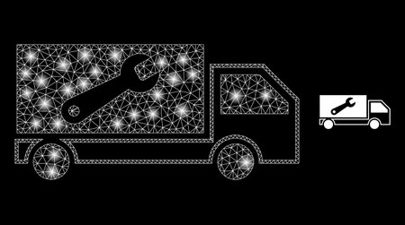 Glossy polygonal mesh net repair lorry icon with glow effect on a black background. Carcass repair lorry iconic vector with flash dots in majestic colors. Abstract 2d mesh designed with triangles,のイラスト素材