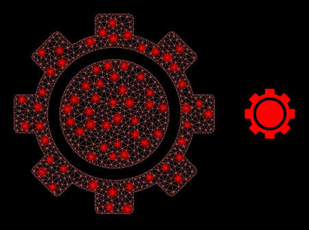 Glossy polygonal mesh net gear icon with glitter effect on a black background. Constellation gear iconic vector with glowing spheres in bright colors.のイラスト素材