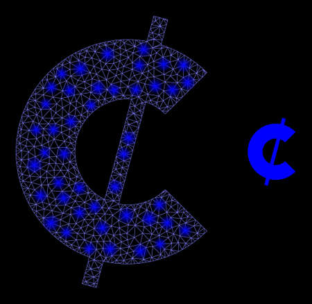 Glossy polygonal mesh web cent symbol icon with glitter effect on a black background. Carcass cent symbol iconic vector with glamour dots in magic colors.のイラスト素材
