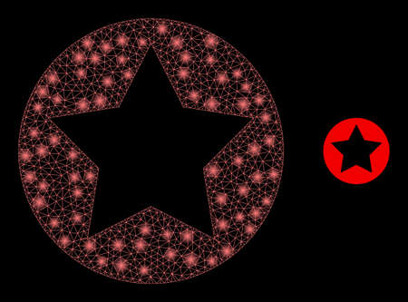 Glossy polygonal mesh net rounded star icon with glare effect on a black background. Network rounded star iconic vector with glowing spheres in majestic colors.のイラスト素材