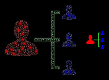 Glossy polygonal mesh web people hierarchy icon with glow effect on a black background. Constellation people hierarchy iconic vector with flash points in bright colors.のイラスト素材