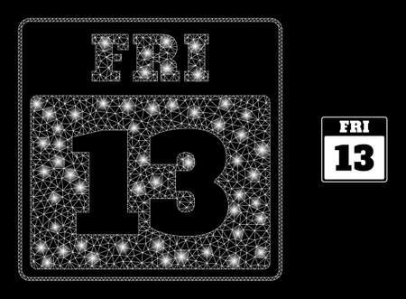 Glossy polygonal mesh net 13th Friday calendar page icon with glitter effect on a black background. Network 13th Friday calendar page iconic vector with glitter dots in vibrant colors.のイラスト素材