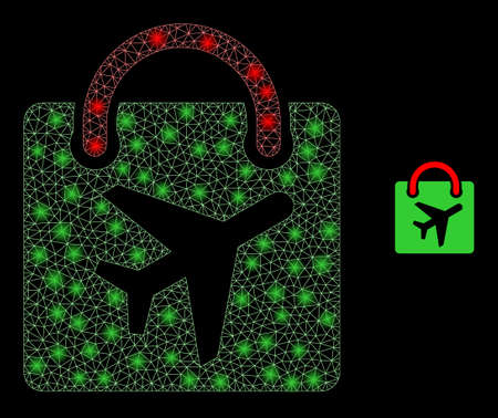 Glossy polygonal mesh web airport shopping bag icon with glitter effect on a black background. Network airport shopping bag iconic vector with flash points in majestic colors.のイラスト素材