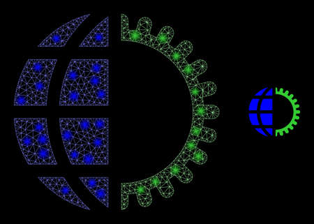 Glossy polygonal mesh web global service icon with glare effect on a black background. Network global service iconic vector with glowing points in magic colors.のイラスト素材
