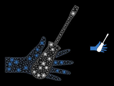 Glossy polygonal mesh web hand with screwdriver icon with glow effect on a black background. Wire frame hand with screwdriver iconic vector with flash points in magic colors.のイラスト素材