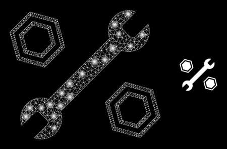 Glossy polygonal mesh web wrench and nuts icon with glare effect on a black background. Carcass wrench and nuts iconic vector with glitter dots in magic colors.のイラスト素材