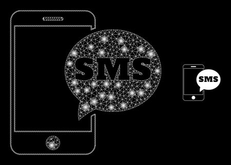 Glossy polygonal mesh net smartphone SMS icon with glitter effect on a black background. Wire frame smartphone SMS iconic vector with glitter points in bright colors.のイラスト素材