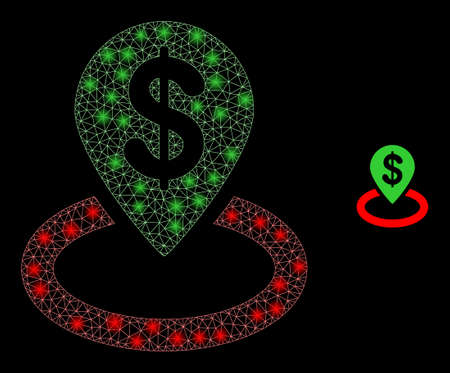 Glossy polygonal mesh web bank location icon with glitter effect on a black background. Wire frame bank location iconic vector with illuminated points in magic colors.のイラスト素材