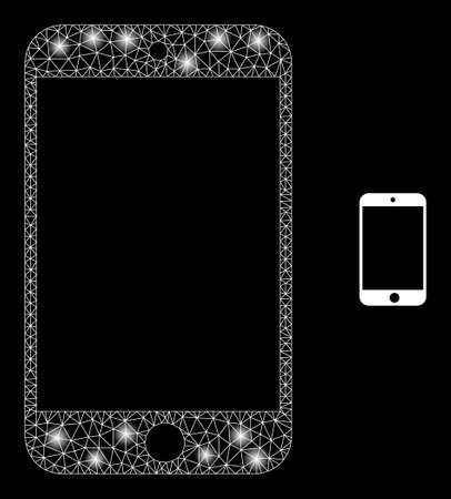 Glossy polygonal mesh web smartphone icon with glare effect on a black background. Carcass smartphone iconic vector with glitter dots in stardust colors.のイラスト素材