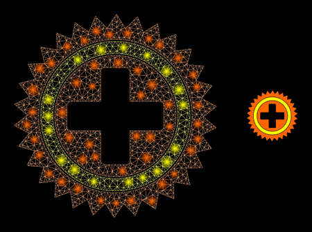 Glossy polygonal mesh net medical cross icon with glare effect on a black background. Network medical cross iconic vector with illuminated points in stardust colors.のイラスト素材