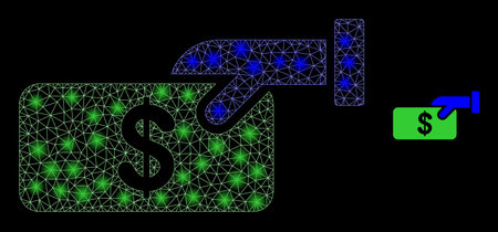 Glossy polygonal mesh web pay cash icon with glare effect on a black background. Carcass pay cash iconic vector with illuminated dots in bright colors. Abstract flat mesh built from polygonal grid,のイラスト素材