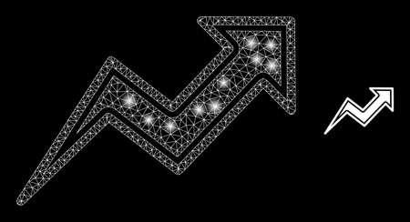 Glossy polygonal mesh web trend arrows icon with glow effect on a black background. Carcass trend arrows iconic vector with glamour points in bright colors.のイラスト素材