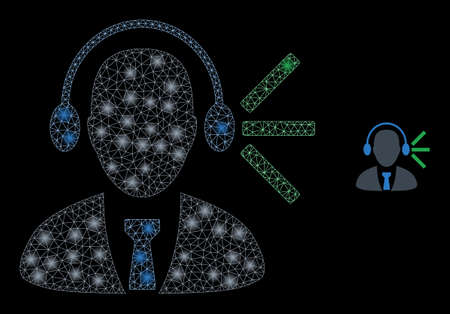Glossy polygonal mesh net audio operator sound icon with glitter effect on a black background. Carcass audio operator sound iconic vector with glitter points in bright colors.のイラスト素材