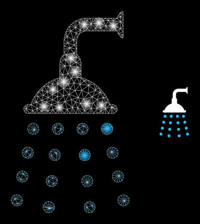 Glossy polygonal mesh net water shower icon with glow effect on a black background. Network water shower iconic vector with glowing dots in majestic colors.のイラスト素材