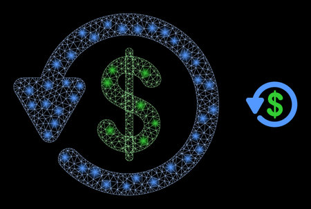 Glossy polygonal mesh net dollar refund icon with glow effect on a black background. Carcass dollar refund iconic vector with illuminated dots in bright colors.のイラスト素材