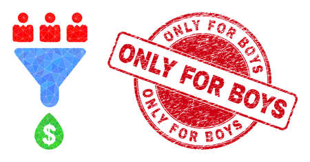 Low-Poly polygonal customers sales funnel icon illustration with Only for Boys dirty seal print. Red stamp has Only for Boys tag inside round form.のイラスト素材