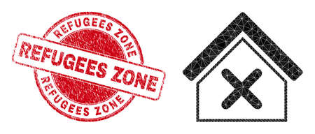 Low-Poly polygonal closed house symbol illustration with Refugees Zone dirty stamp seal. Red seal has Refugees Zone tag inside circle it. Closed house icon filled with triangles.のイラスト素材