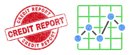 Low-Poly triangulated chart grid 2d illustration with Credit Report corroded seal print. Red seal contains Credit Report text inside circle it. Chart grid icon filled using triangle mosaic.のイラスト素材