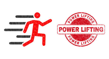 Lowpoly triangulated active person 2d illustration with POWER LIFTING dirty watermark. Red stamp has Power Lifting text inside round shape. Active person icon filled with triangles.のイラスト素材