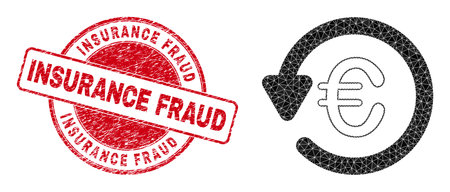 Low-Poly polygonal euro chargeback icon illustration, and INSURANCE FRAUD textured seal imitation. Red stamp contains Insurance Fraud text inside round shape.のイラスト素材