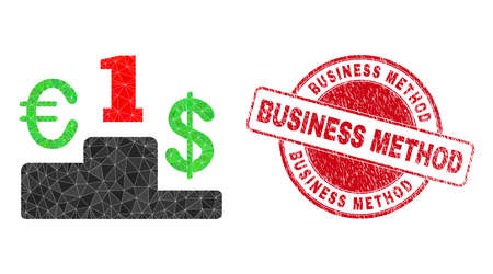 Low-Poly polygonal currency pedestal icon illustration, and Business Method textured watermark. Red seal contains Business Method text inside round shape.のイラスト素材