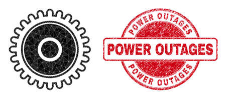 Low-Poly polygonal cog symbol illustration, and Power Outages scratched watermark. Red stamp includes Power Outages text inside round it. Cog icon filled using triangles.のイラスト素材