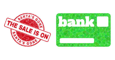 Lowpoly triangulated bank card icon illustration, and SantaS Gone The Sale Is On scratched seal. Red stamp seal has SantaS Gone the Sale Is On tag inside circle it.のイラスト素材