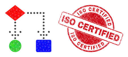 Lowpoly triangulated block diagram symbol illustration, and ISO Certified scratched watermark. Red stamp seal has ISO Certified title inside circle it. Block diagram icon filled with triangles.のイラスト素材