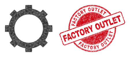 Lowpoly triangulated cog icon illustration, and Factory Outlet rubber stamp seal. Red stamp contains Factory Outlet caption inside circle it. Cog icon filled with triangles.のイラスト素材