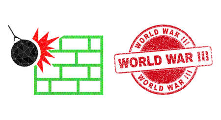 Lowpoly polygonal crush the wall symbol illustration with WORLD WAR III grunge seal. Red stamp includes World War Iii text inside round shape. Crush the wall icon filled using triangles.のイラスト素材