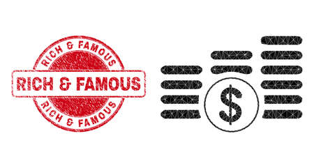 Low-Poly triangulated dollar coin stacks icon illustration with RICH & FAMOUS textured stamp seal. Red stamp seal includes Rich & Famous tag inside round shape.のイラスト素材